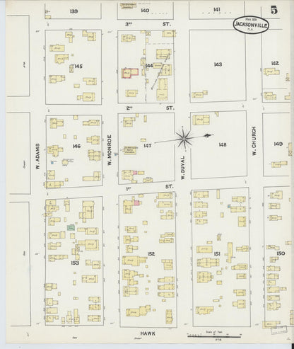 Sanborn Fire Insurance Map from Jacksonville, Duval County, Florida (1891), Sheet #0005 - Complete Map Set gallery image, historic Sanborn map, vintage wall art, Florida Florida