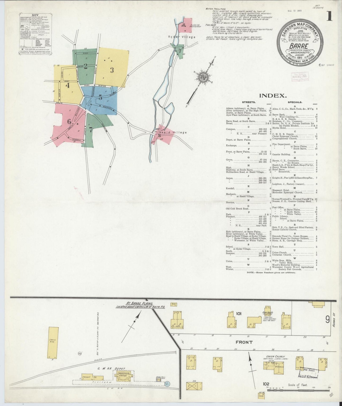 Sanborn Fire Insurance Map from Barre, Worcester County, Massachusetts (1911), Sheet #0001 - Complete Map Set gallery image, historic Sanborn map, vintage wall art, Massachusetts Massachusetts