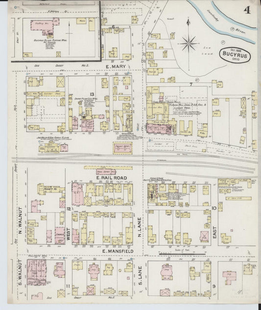 Sanborn Fire Insurance Map from Bucyrus, Crawford County, Ohio (1888), Sheet #0004 - Historic Sanborn Fire Insurance Map Print, vintage old map wall art, antique decor, genealogy gift, Ohio Ohio map