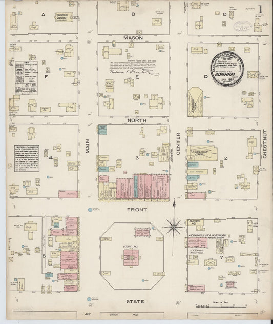 Sanborn Fire Insurance Map from Bonham, Fannin County, Texas (1885), Sheet #0001 - Complete Map Set gallery image, historic Sanborn map, vintage wall art, Texas Texas