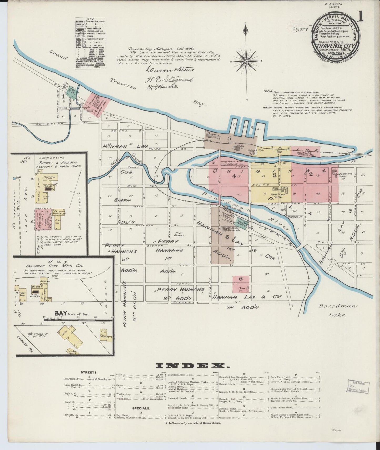 Sanborn Fire Insurance Map from Traverse City, Grand Traverse County, Michigan (1890), Sheet #0001 - Historic Sanborn Fire Insurance Map Print, vintage old map wall art, antique decor, genealogy gift, Michigan Michigan map