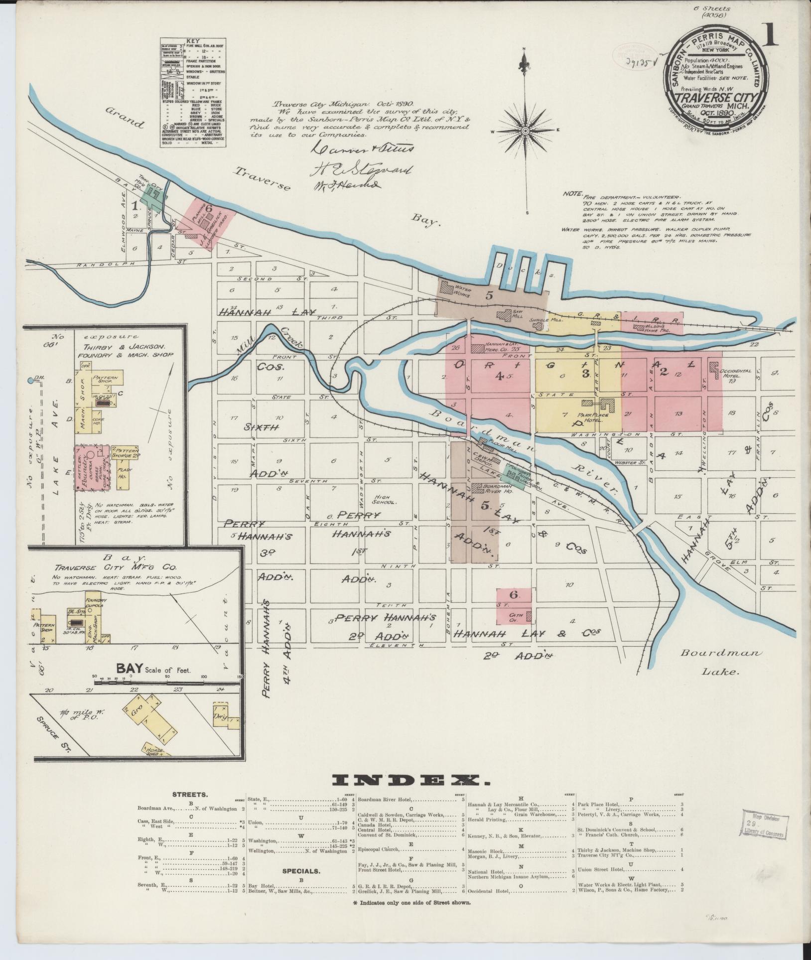 Sanborn Fire Insurance Map from Traverse City, Grand Traverse County, Michigan (1890), Sheet #0001 - Historic Sanborn Fire Insurance Map Print, vintage old map wall art, antique decor, genealogy gift, Michigan Michigan map