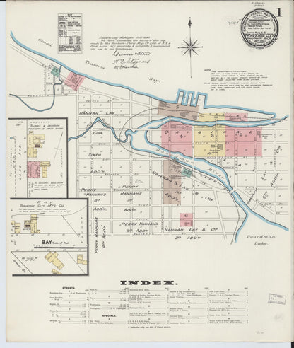 Sanborn Fire Insurance Map from Traverse City, Grand Traverse County, Michigan (1890), Sheet #0001 - Historic Sanborn Fire Insurance Map Print, vintage old map wall art, antique decor, genealogy gift, Michigan Michigan map