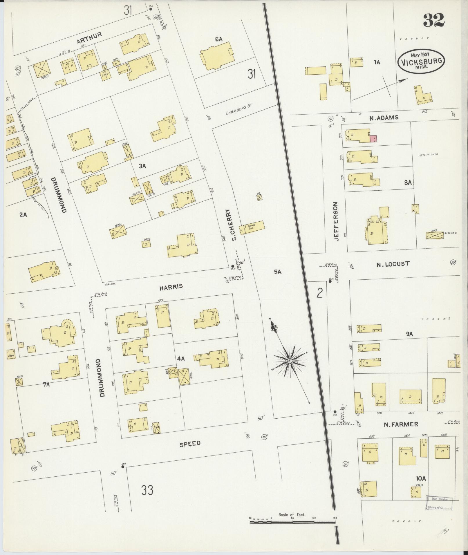 Sanborn Fire Insurance Map from Vicksburg, Warren County, Mississippi (1907), Sheet #0032 - Complete Map Set gallery image, historic Sanborn map, vintage wall art, Mississippi Mississippi