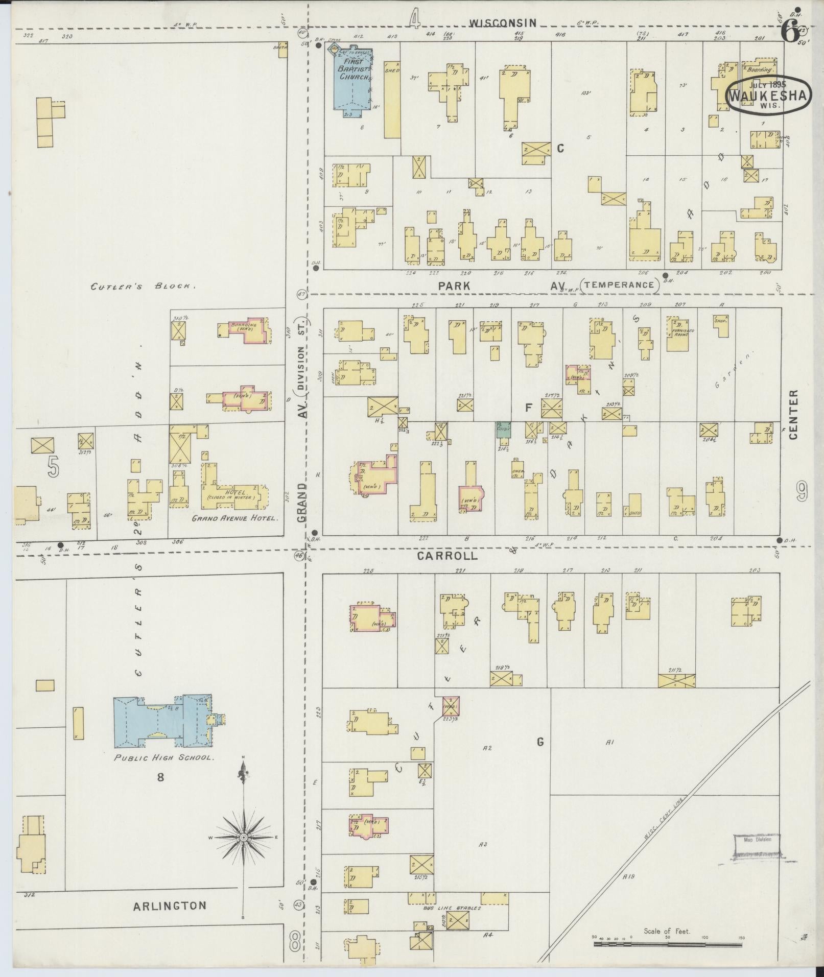 Sanborn Fire Insurance Map from Waukesha, Waukesha County, Wisconsin (1895), Sheet #0006 - Complete Map Set gallery image, historic Sanborn map, vintage wall art, Wisconsin Wisconsin