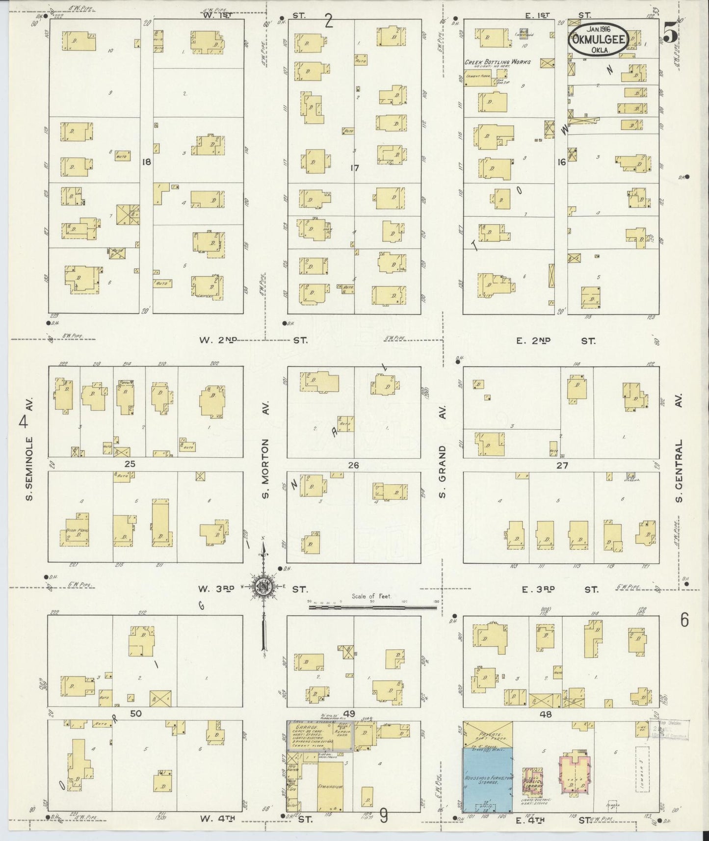 Sanborn Fire Insurance Map from Okmulgee, Okmulgee County, Oklahoma (1916), Sheet #0005 - Complete Map Set gallery image, historic Sanborn map, vintage wall art, Oklahoma Oklahoma