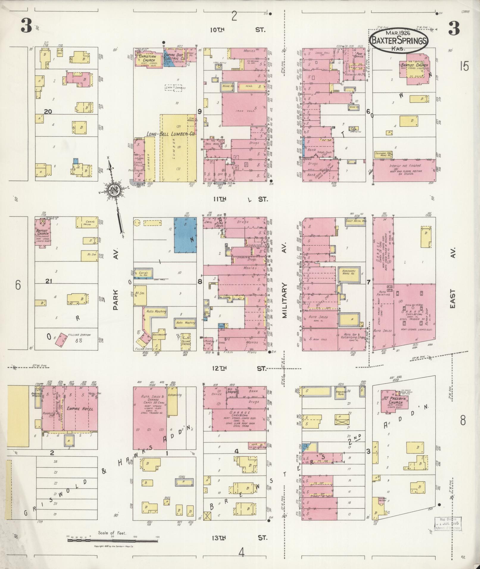 Sanborn Fire Insurance Map from Baxter Springs, Cherokee County, Kansas (1926), Sheet #0003 - Complete Map Set gallery image, historic Sanborn map, vintage wall art, Kansas Kansas