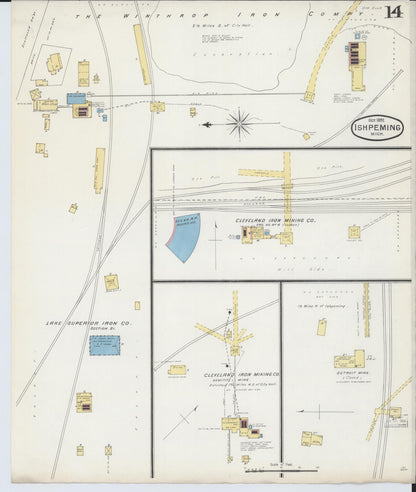 Sanborn Fire Insurance Map from Ishpeming, Marquette County, Michigan (1892), Sheet #0014 - Historic Sanborn Fire Insurance Map Print, vintage old map wall art, antique decor, genealogy gift, Michigan Michigan map
