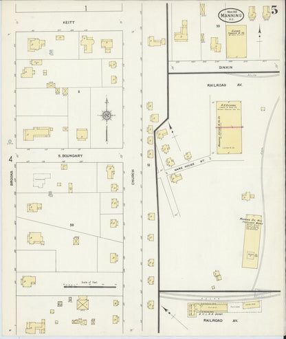 Sanborn Fire Insurance Map from Manning, Clarendon County, South Carolina (1912), Sheet #0005 - Complete Map Set gallery image, historic Sanborn map, vintage wall art, South Carolina South Carolina