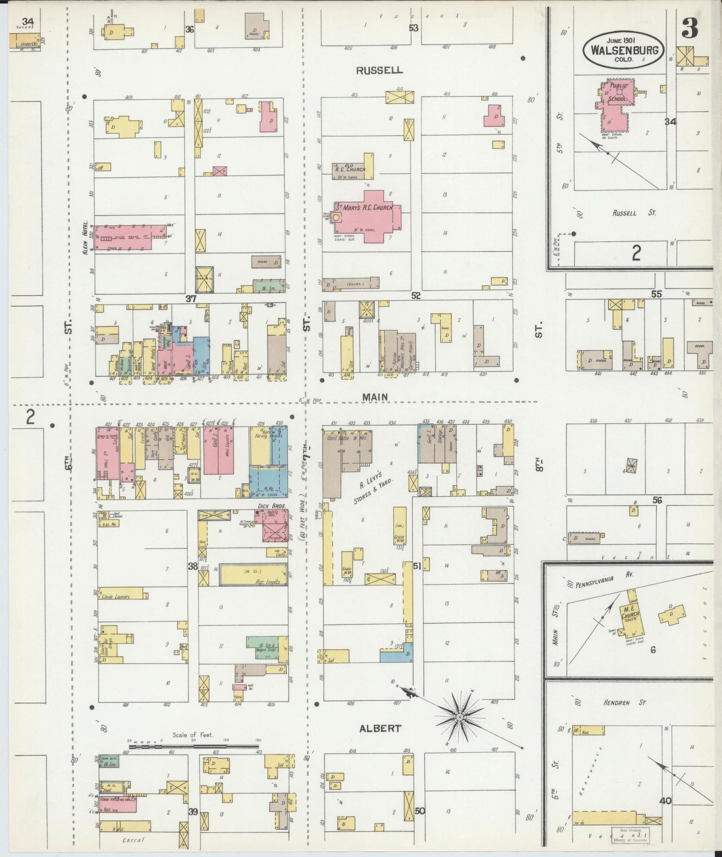 Sanborn Fire Insurance Map from Walsenburg, Huerfano County, Colorado (1901), Sheet #0003 - Historic Sanborn Fire Insurance Map Print, vintage old map wall art, antique decor, genealogy gift, Colorado Colorado map