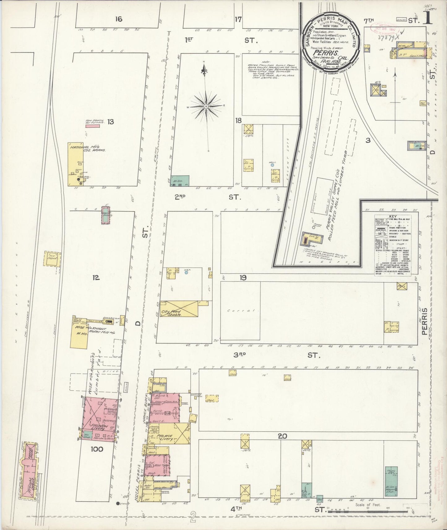 Sanborn Fire Insurance Map from Perris, Riverside County, California (1892), Sheet #0001 - Complete Map Set gallery image, historic Sanborn map, vintage wall art, California California