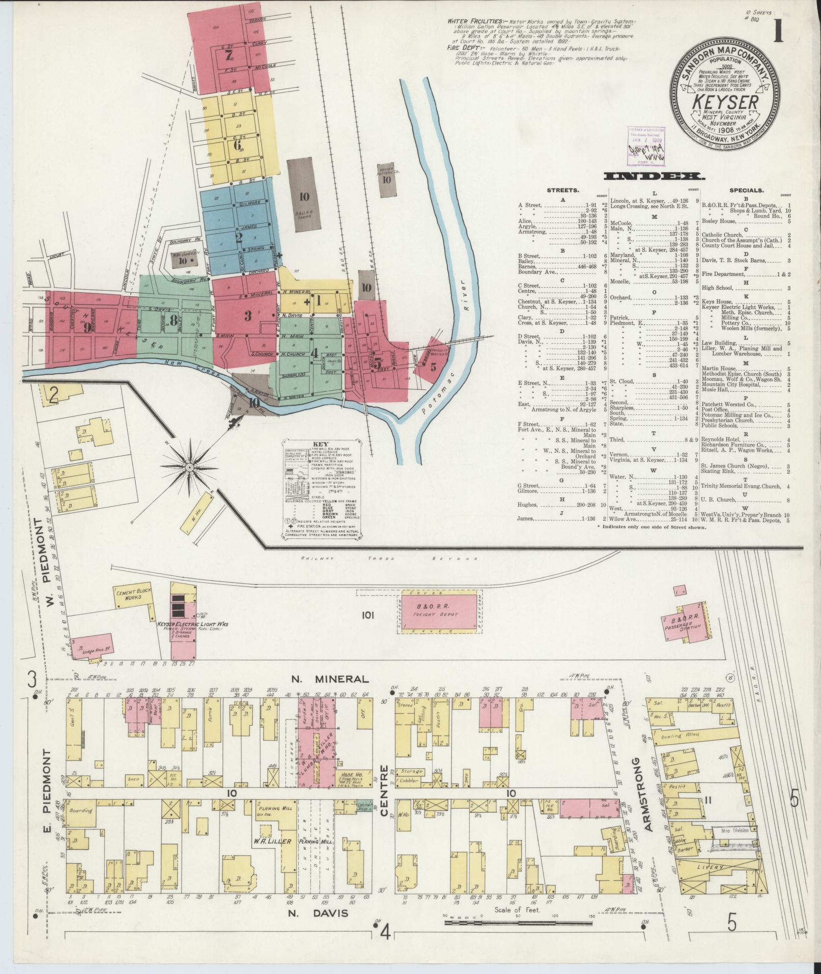 Sanborn Fire Insurance Map from Keyser, Mineral County, West Virginia (1908), Sheet #0001 - Complete Map Set gallery image, historic Sanborn map, vintage wall art, West Virginia West Virginia