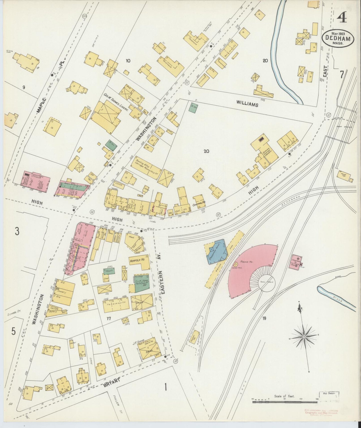Sanborn Fire Insurance Map from Dedham, Norfolk County, Massachusetts (1903), Sheet #0004 - Complete Map Set gallery image, historic Sanborn map, vintage wall art, Massachusetts Massachusetts
