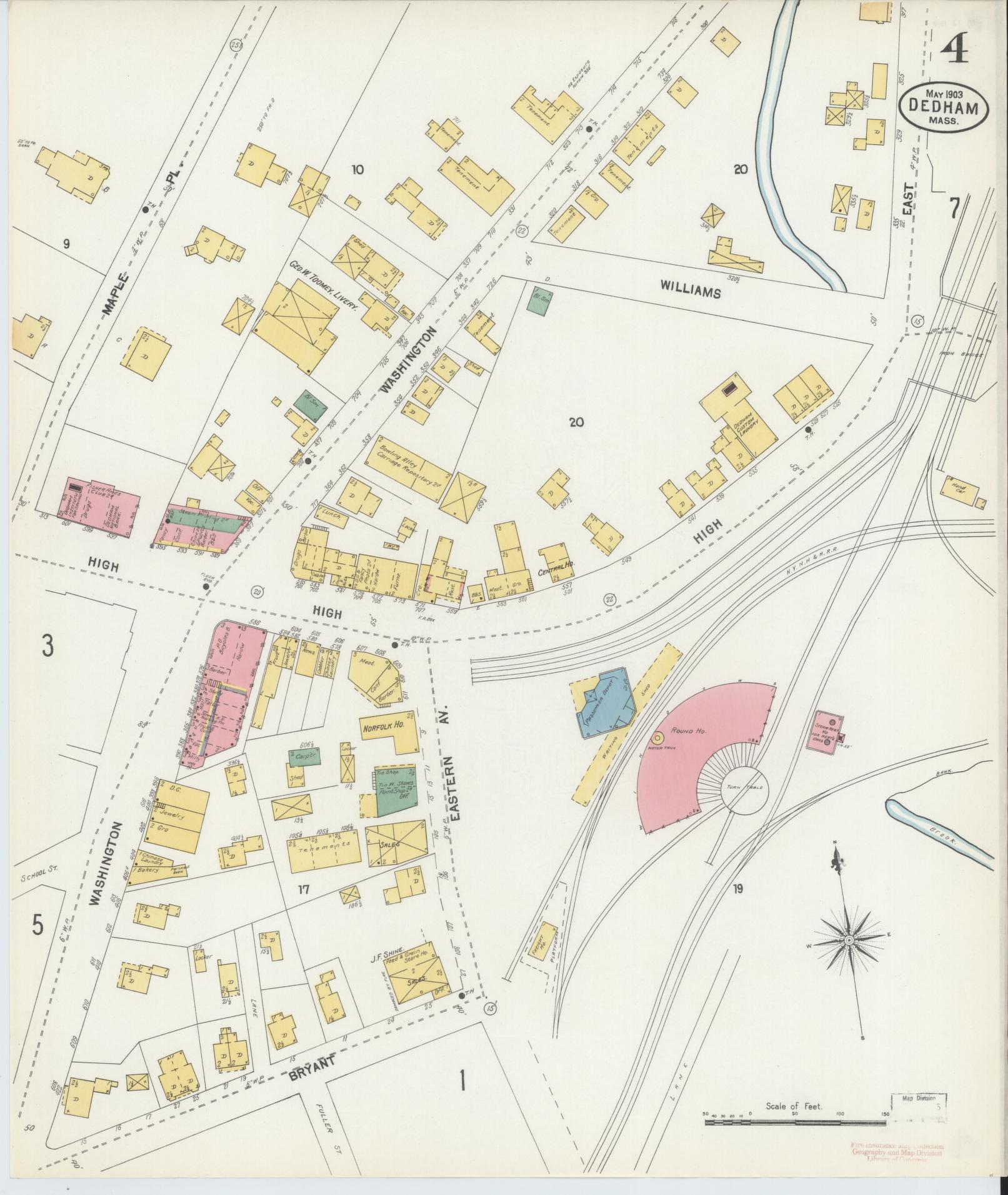 Sanborn Fire Insurance Map from Dedham, Norfolk County, Massachusetts (1903), Sheet #0004 - Complete Map Set gallery image, historic Sanborn map, vintage wall art, Massachusetts Massachusetts