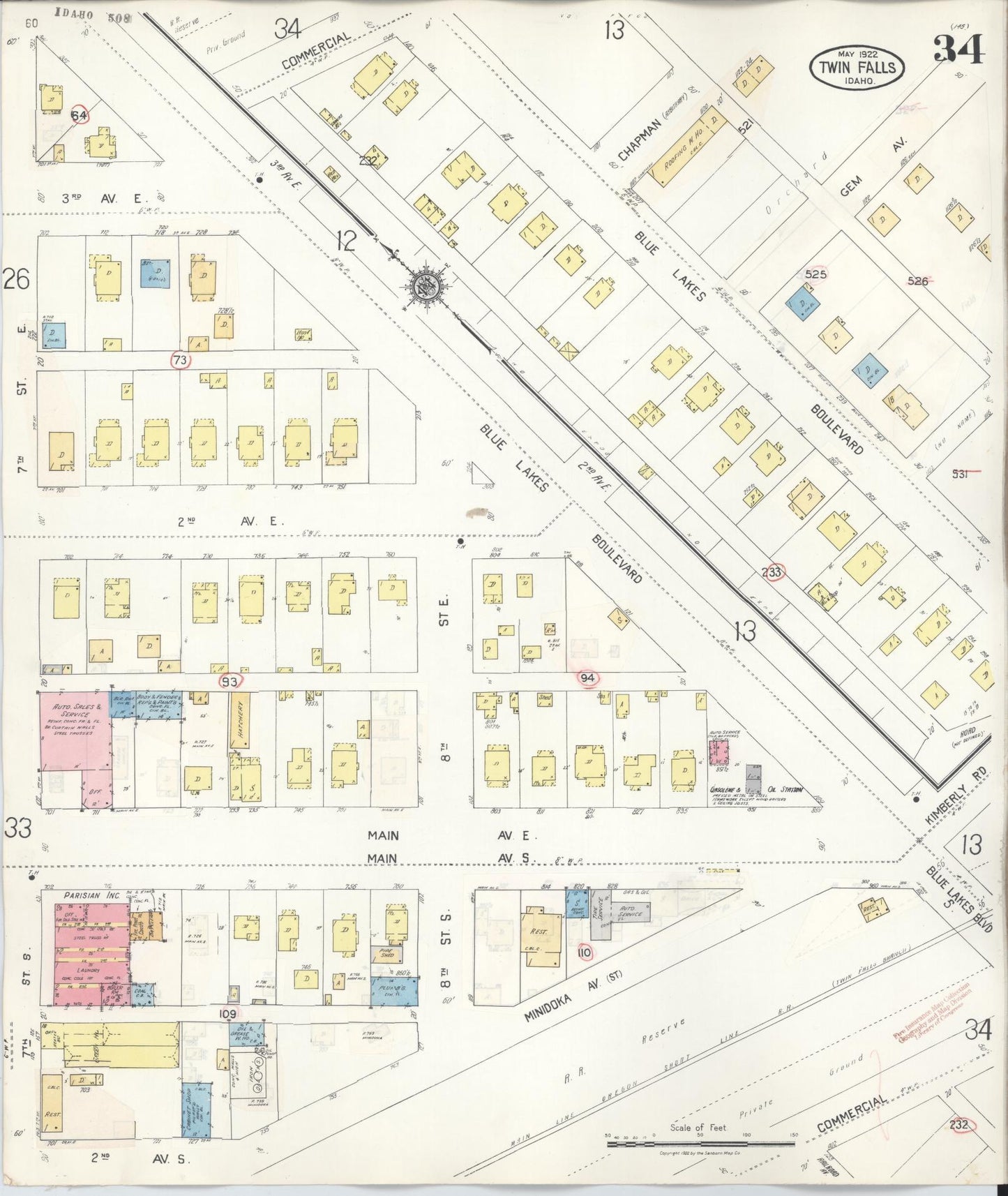 Sanborn Fire Insurance Map from Twin Falls, Twin Falls County, Idaho (1949), Sheet #0034 - Historic Sanborn Fire Insurance Map Print, vintage old map wall art, antique decor, genealogy gift, Falls Idaho map