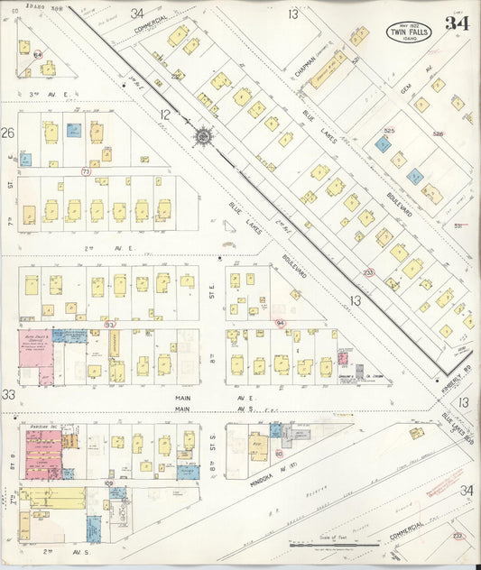 Sanborn Fire Insurance Map from Twin Falls, Twin Falls County, Idaho (1949), Sheet #0034 - Historic Sanborn Fire Insurance Map Print, vintage old map wall art, antique decor, genealogy gift, Falls Idaho map