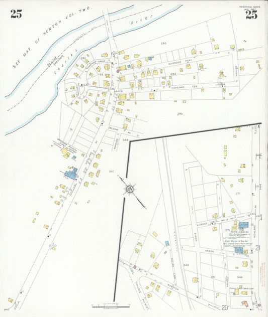 Sanborn Fire Insurance Map from Needham, Norfolk County, Massachusetts (1937), Sheet #0025 - Historic Sanborn Fire Insurance Map Print, vintage old map wall art, antique decor, genealogy gift, Massachusetts Massachusetts map