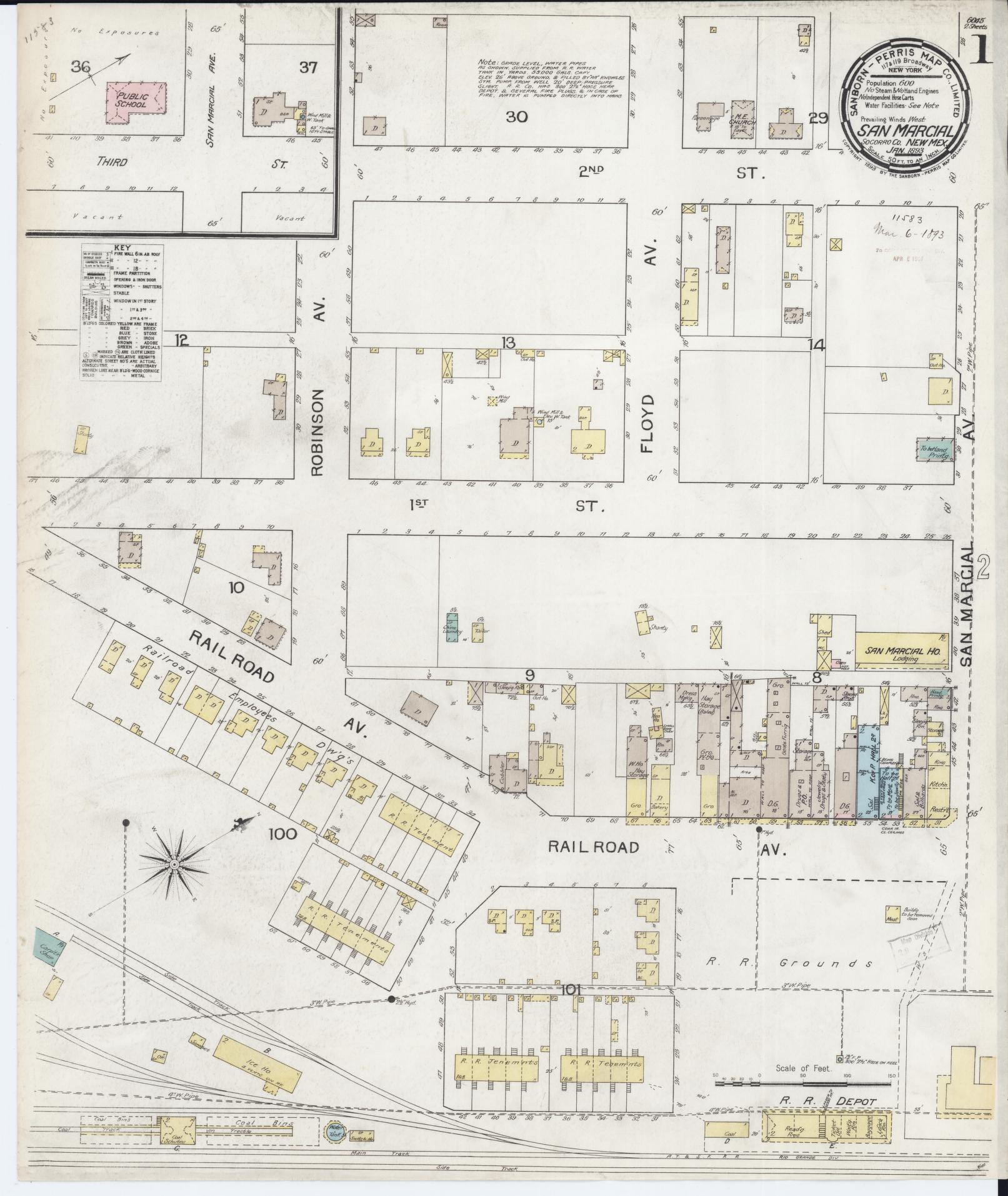Sanborn Fire Insurance Map from San Marcial, Socorro County, New Mexico (1893), Sheet #0001 - Historic Sanborn Fire Insurance Map Print, vintage old map wall art, antique decor, genealogy gift, New Mexico New Mexico map