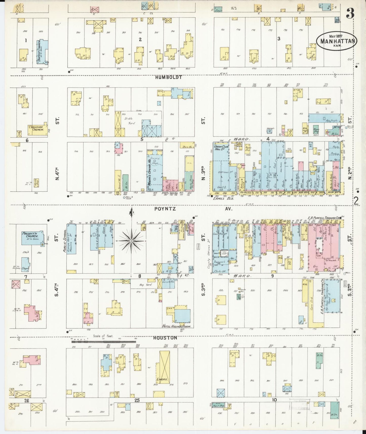 Sanborn Fire Insurance Map from Manhattan, Riley County, Kansas (1897), Sheet #0003 - Historic Sanborn Fire Insurance Map Print, vintage old map wall art, antique decor, genealogy gift, Kansas Kansas map