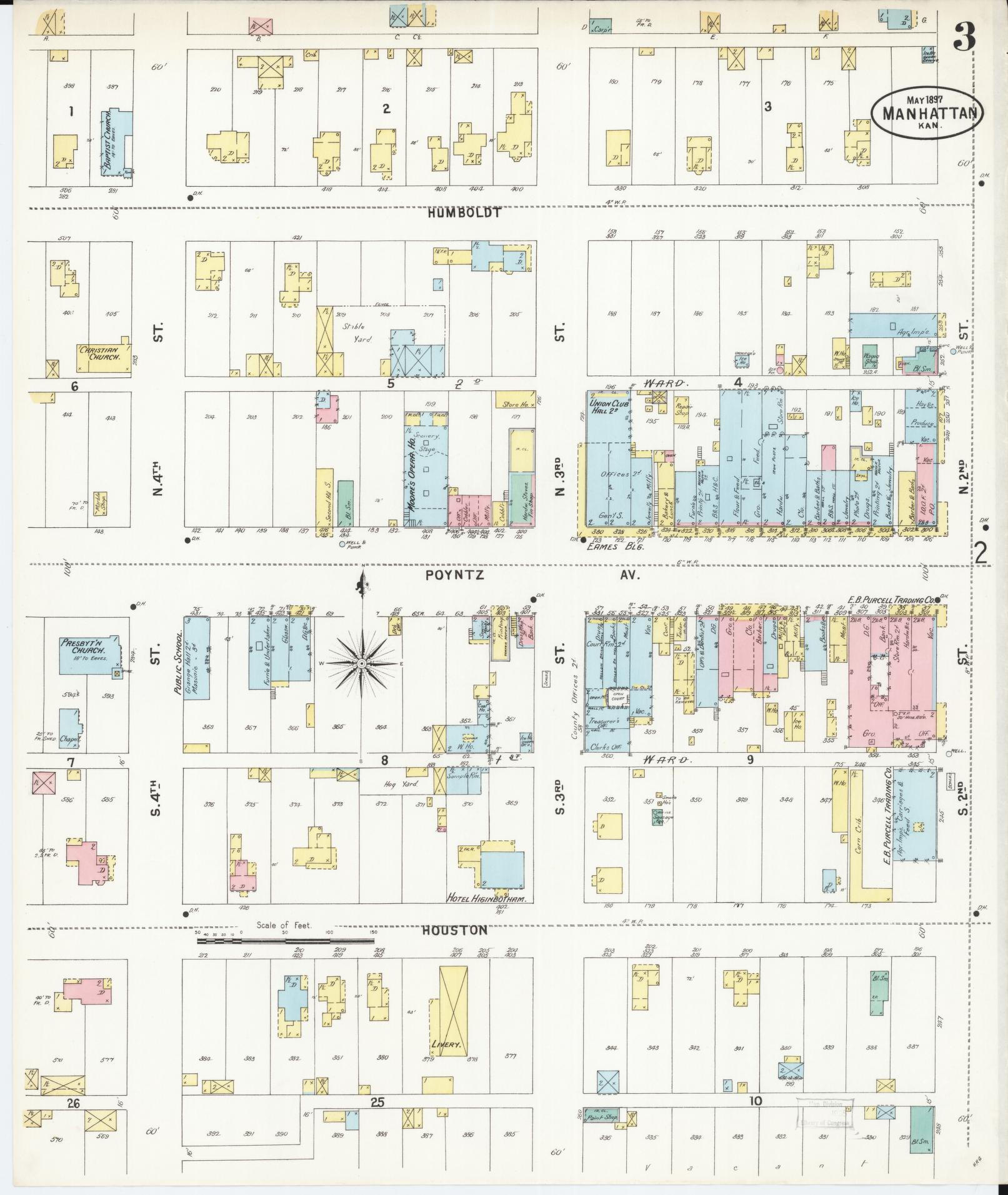Sanborn Fire Insurance Map from Manhattan, Riley County, Kansas (1897), Sheet #0003 - Historic Sanborn Fire Insurance Map Print, vintage old map wall art, antique decor, genealogy gift, Kansas Kansas map