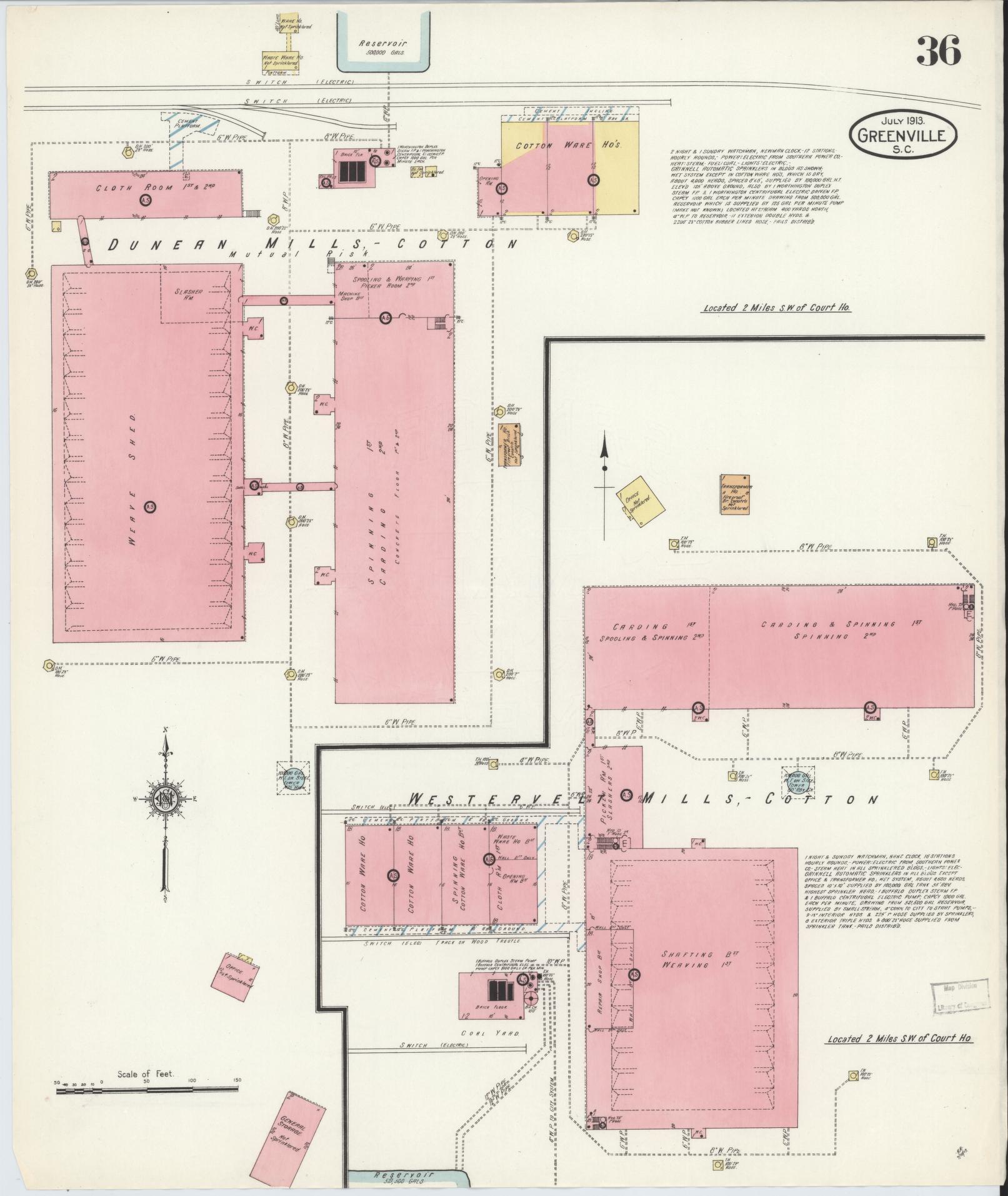 Sanborn Fire Insurance Map from Greenville, Greenville County, South Carolina (1913), Sheet #0036 - Complete Map Set gallery image, historic Sanborn map, vintage wall art, South Carolina South Carolina