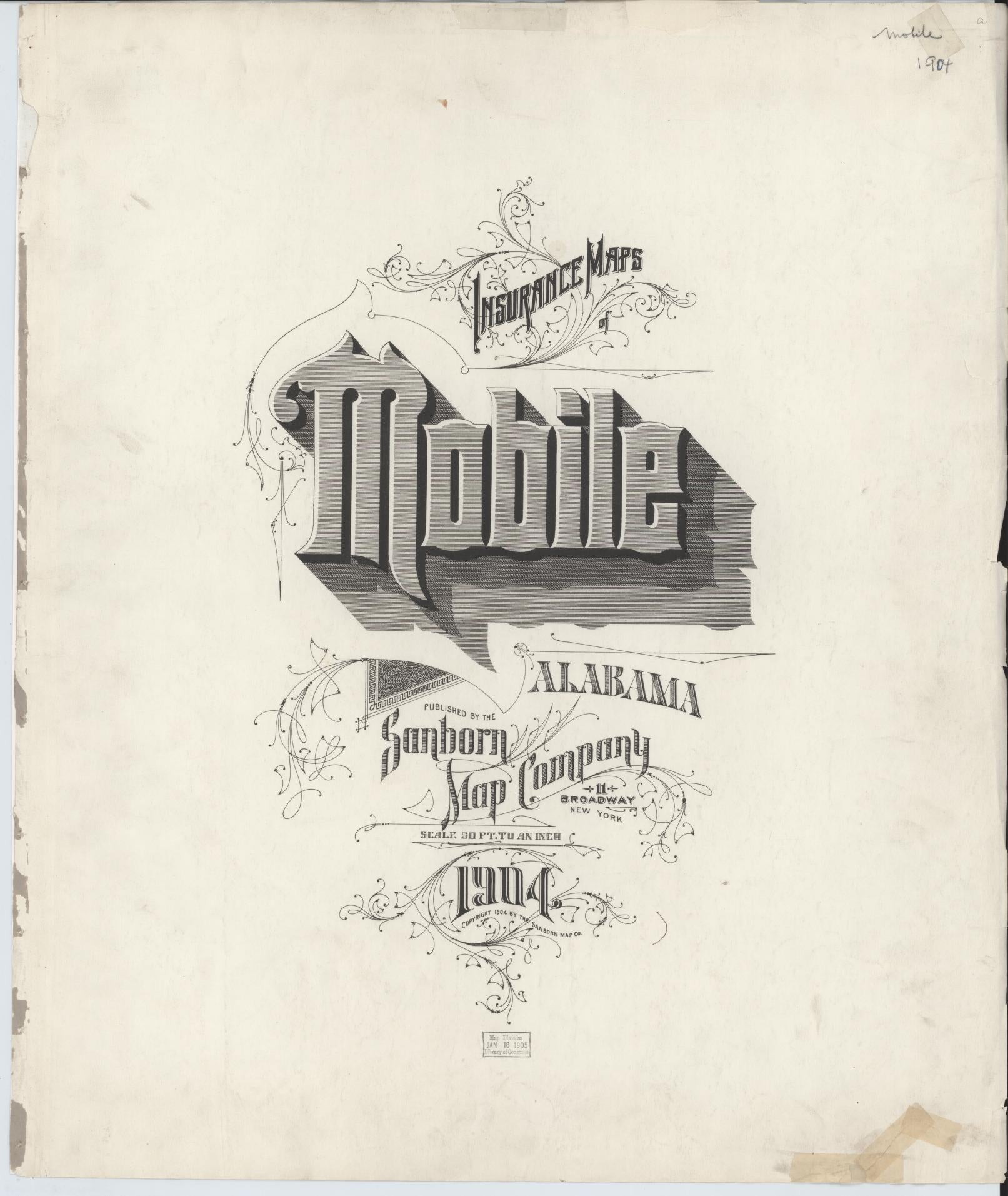 Sanborn Fire Insurance Map from Mobile, Mobile County, Alabama (1904), Sheet #0001 - Historic Sanborn Fire Insurance Map Print, vintage old map wall art, antique decor, genealogy gift, Alabama Alabama map