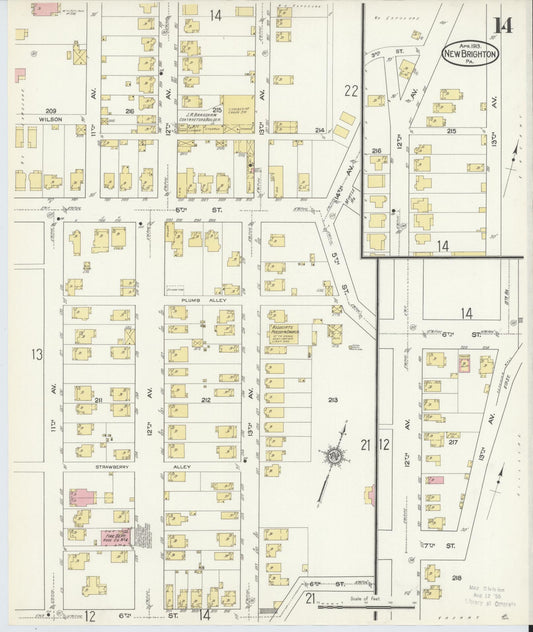Sanborn Fire Insurance Map from New Brighton, Beaver County, Pennsylvania (1913), Sheet #0014 - Historic Sanborn Fire Insurance Map Print, vintage old map wall art, antique decor, genealogy gift, Pennsylvania Pennsylvania map