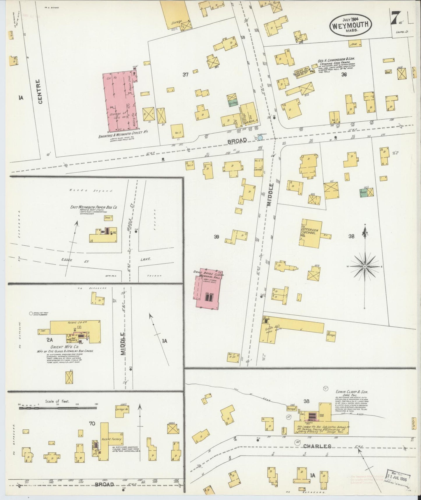 Sanborn Fire Insurance Map from Weymouth, Norfolk County, Massachusetts (1904), Sheet #0007 - Historic Sanborn Fire Insurance Map Print, vintage old map wall art, antique decor, genealogy gift, Massachusetts Massachusetts map