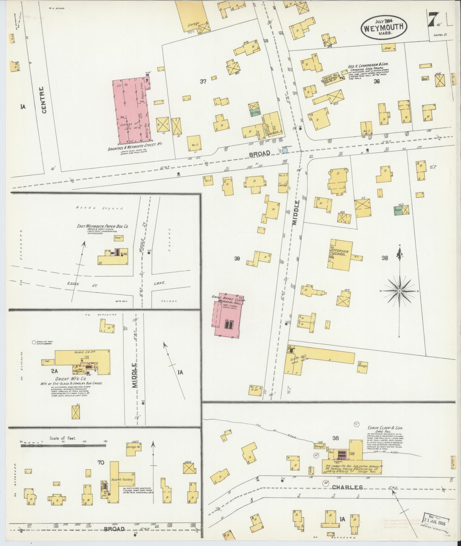 Sanborn Fire Insurance Map from Weymouth, Norfolk County, Massachusetts (1904), Sheet #0007 - Historic Sanborn Fire Insurance Map Print, vintage old map wall art, antique decor, genealogy gift, Massachusetts Massachusetts map