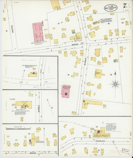 Sanborn Fire Insurance Map from Weymouth, Norfolk County, Massachusetts (1904), Sheet #0007 - Historic Sanborn Fire Insurance Map Print, vintage old map wall art, antique decor, genealogy gift, Massachusetts Massachusetts map