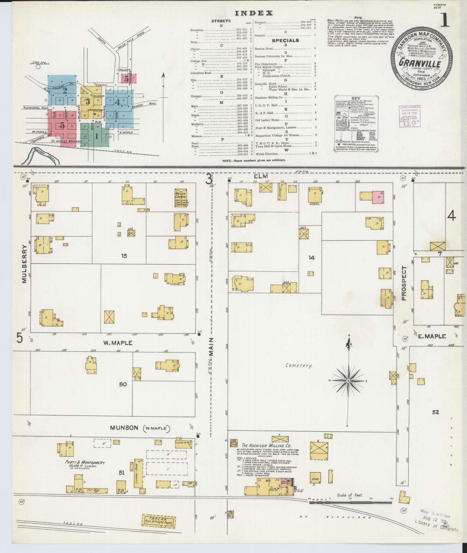 Sanborn Fire Insurance Map from Granville, Licking County, Ohio (1905), Sheet #0001 - Complete Map Set gallery image, historic Sanborn map, vintage wall art, Ohio Ohio