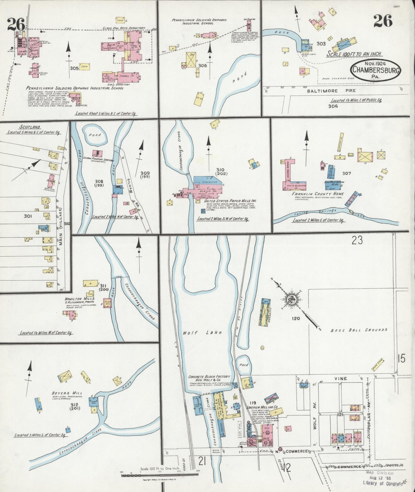 Sanborn Fire Insurance Map from Chambersburg, Franklin County, Pennsylvania (1924), Sheet #0026 - Historic Sanborn Fire Insurance Map Print, vintage old map wall art, antique decor, genealogy gift, Pennsylvania Pennsylvania map