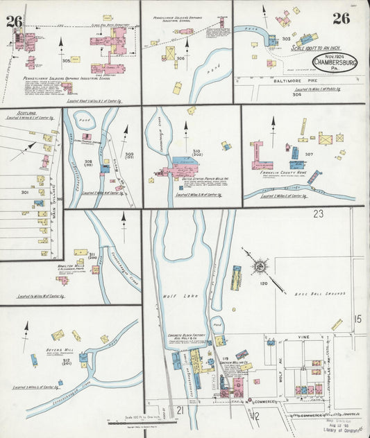 Sanborn Fire Insurance Map from Chambersburg, Franklin County, Pennsylvania (1924), Sheet #0026 - Historic Sanborn Fire Insurance Map Print, vintage old map wall art, antique decor, genealogy gift, Pennsylvania Pennsylvania map