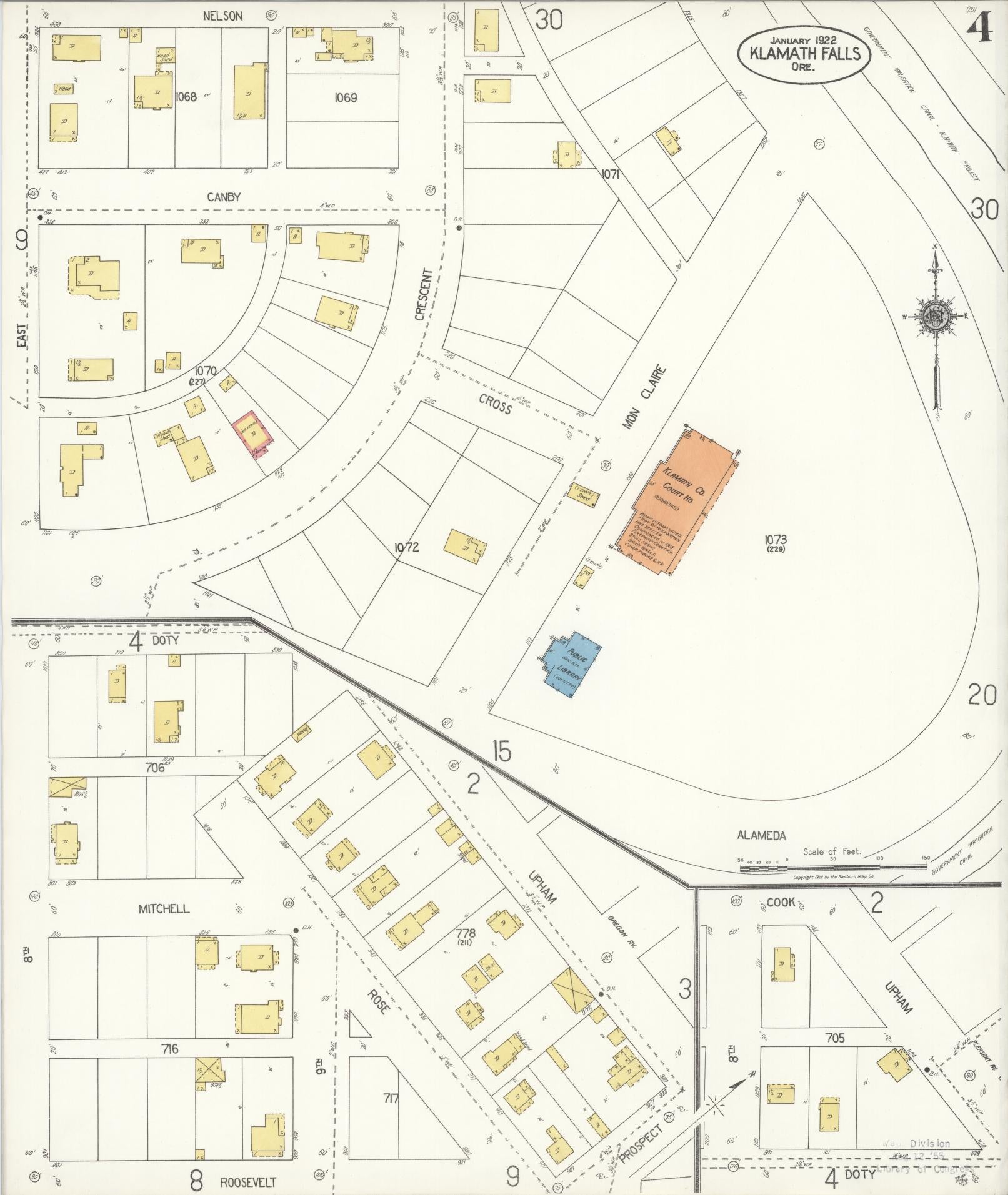 Sanborn Fire Insurance Map from Klamath Falls, Klamath County, Oregon (1921), Sheet #0004 - Historic Sanborn Fire Insurance Map Print, vintage old map wall art, antique decor, genealogy gift, Oregon Oregon map