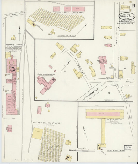 Sanborn Fire Insurance Map from Turners Falls, Franklin County, Massachusetts (1909), Sheet #0009 - Historic Sanborn Fire Insurance Map Print, vintage old map wall art, antique decor, genealogy gift, Massachusetts Massachusetts map