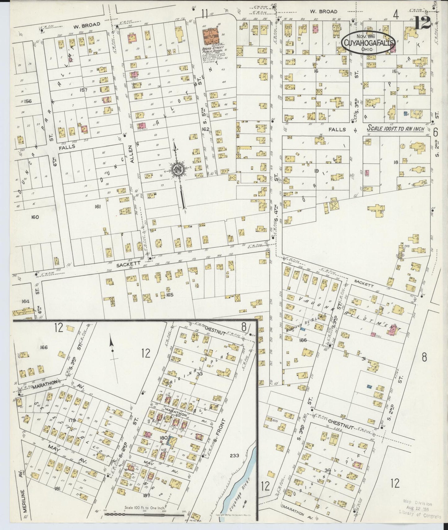 Sanborn Fire Insurance Map from Cuyahoga Falls, Summit County, Ohio (1916), Sheet #0012 - Historic Sanborn Fire Insurance Map Print, vintage old map wall art, antique decor, genealogy gift, Ohio Ohio map