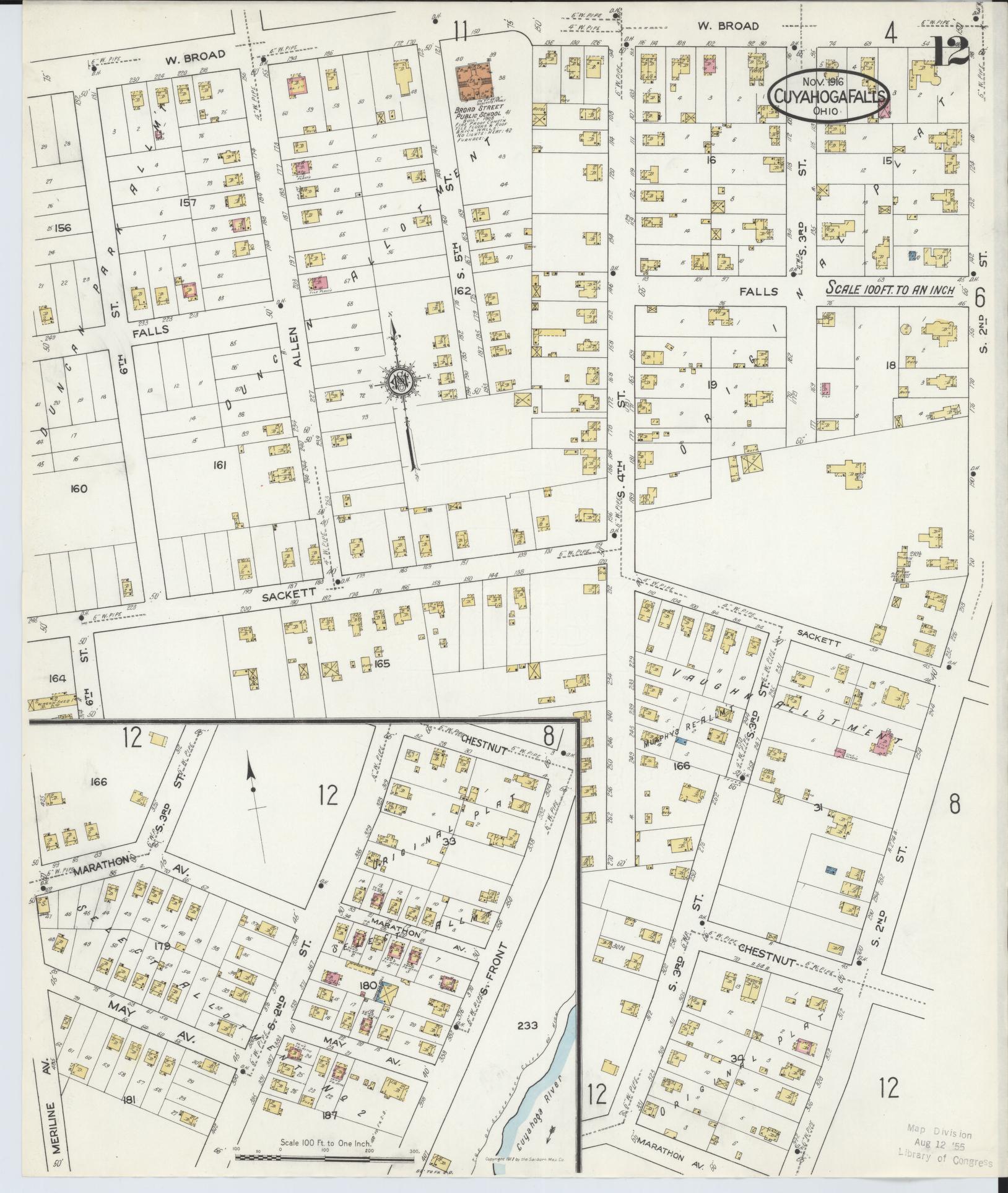 Sanborn Fire Insurance Map from Cuyahoga Falls, Summit County, Ohio (1916), Sheet #0012 - Historic Sanborn Fire Insurance Map Print, vintage old map wall art, antique decor, genealogy gift, Ohio Ohio map