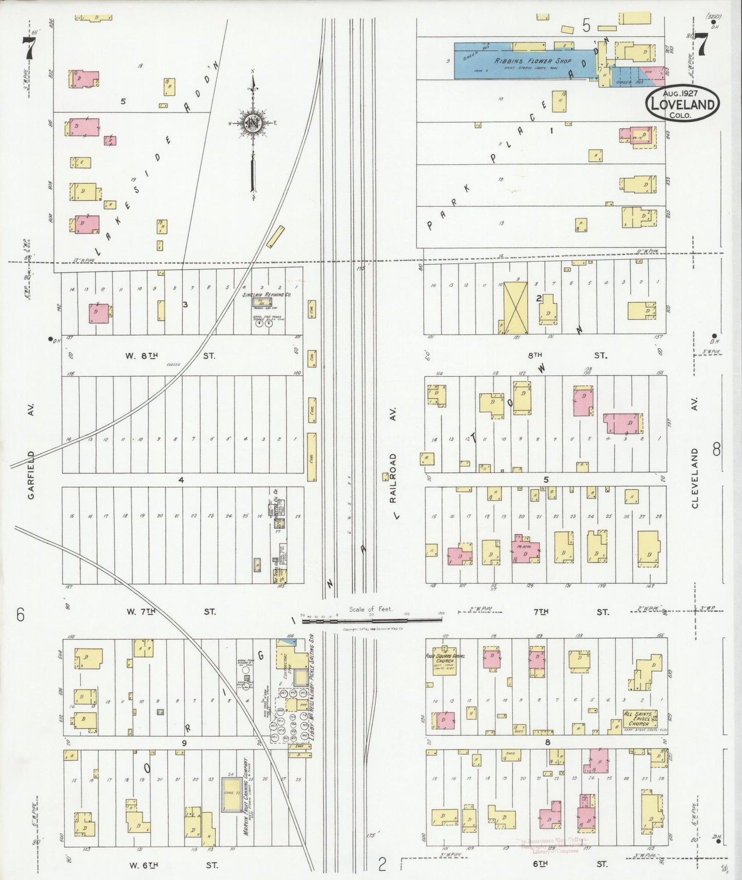 Sanborn Fire Insurance Map from Loveland, Larimer County, Colorado (1927), Sheet #0007 - Historic Sanborn Fire Insurance Map Print, vintage old map wall art, antique decor, genealogy gift, Colorado Colorado map