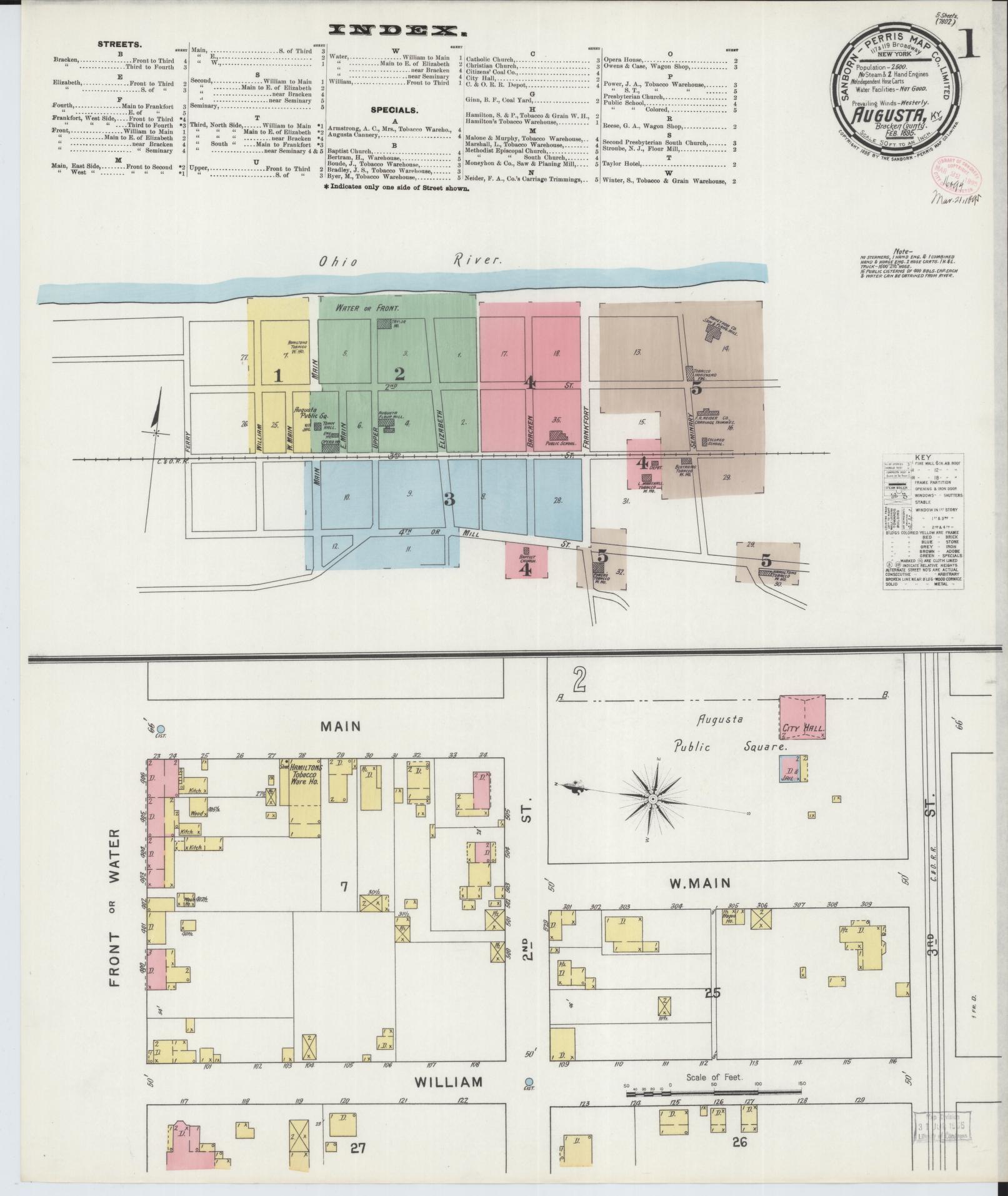 Sanborn Fire Insurance Map from Augusta, Bracken County, Kentucky (1895), Sheet #0001 - Historic Sanborn Fire Insurance Map Print, vintage old map wall art, antique decor, genealogy gift, Kentucky Kentucky map