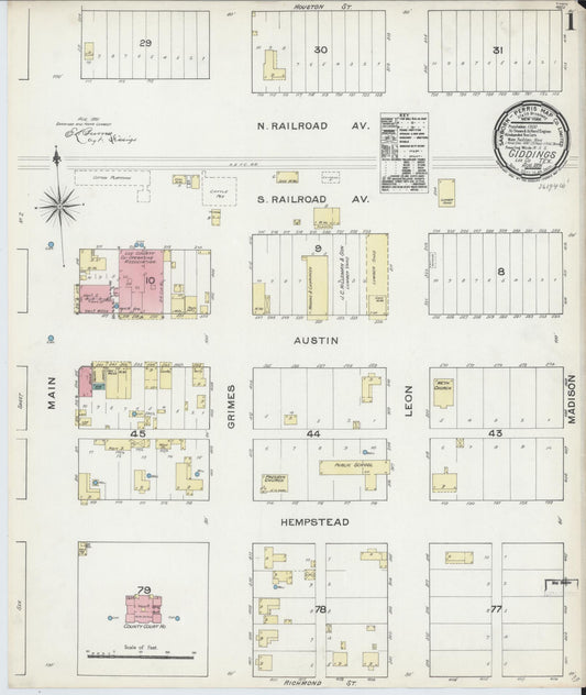 Sanborn Fire Insurance Map from Giddings, Lee County, Texas (1891), Sheet #0001 - Complete Map Set gallery image, historic Sanborn map, vintage wall art, Texas Texas