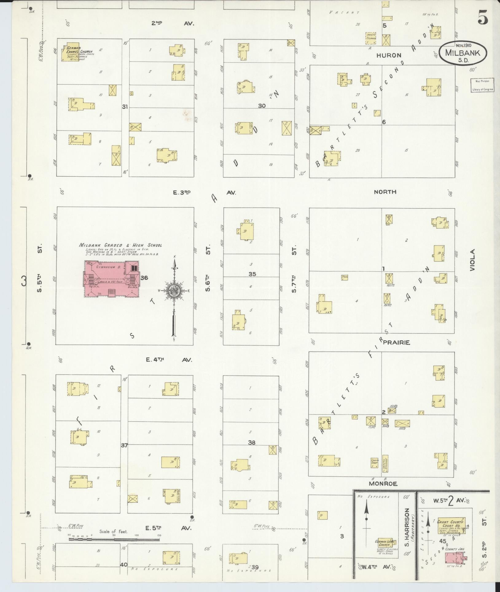 Sanborn Fire Insurance Map from Milbank, Grant County, South Dakota (1910), Sheet #0005 - Historic Sanborn Fire Insurance Map Print, vintage old map wall art, antique decor, genealogy gift, South Dakota South Dakota map