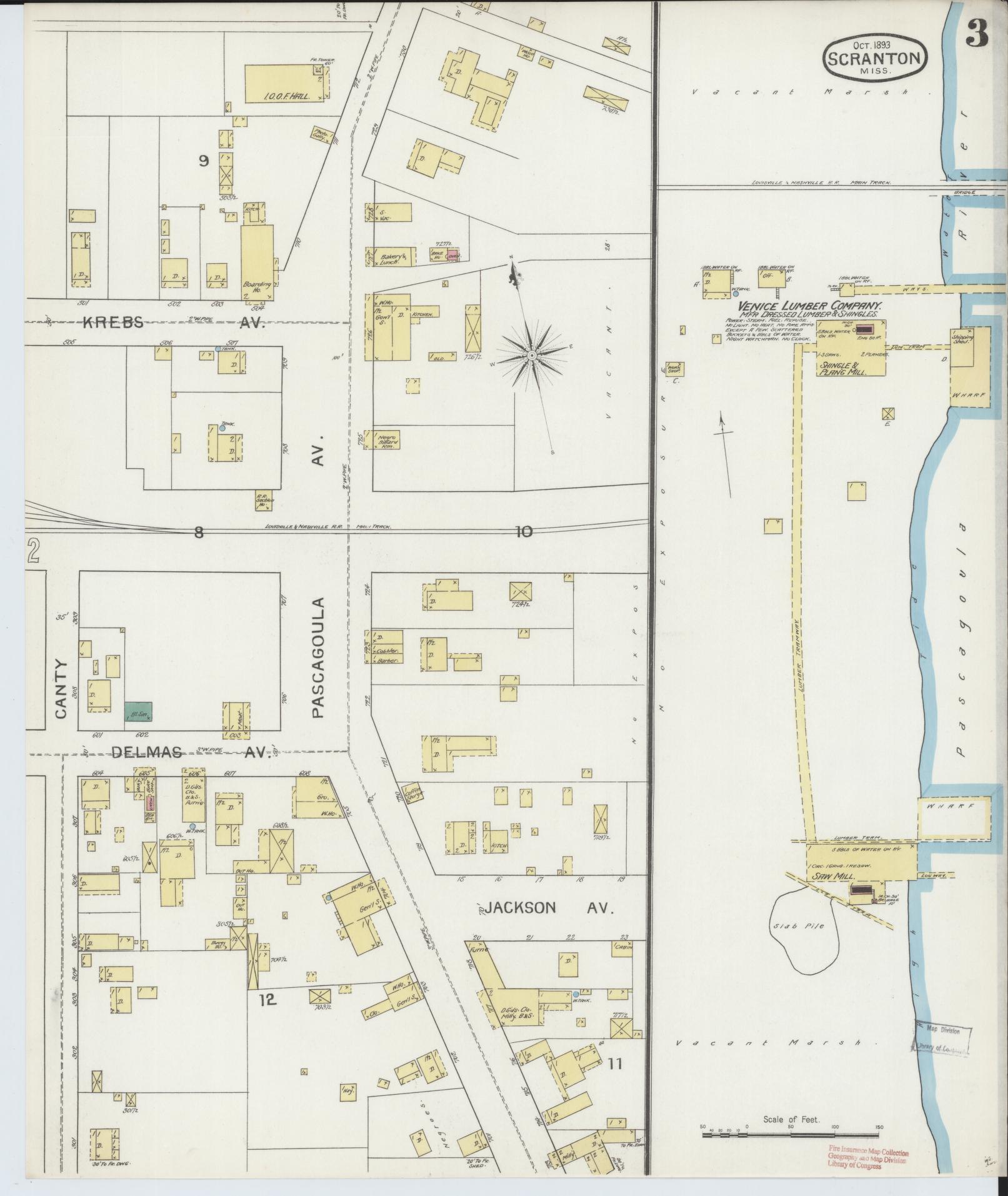 Sanborn Fire Insurance Map from Scranton, Jackson County, Mississippi (1893), Sheet #0003 - Historic Sanborn Fire Insurance Map Print, vintage old map wall art, antique decor, genealogy gift, Mississippi Mississippi map