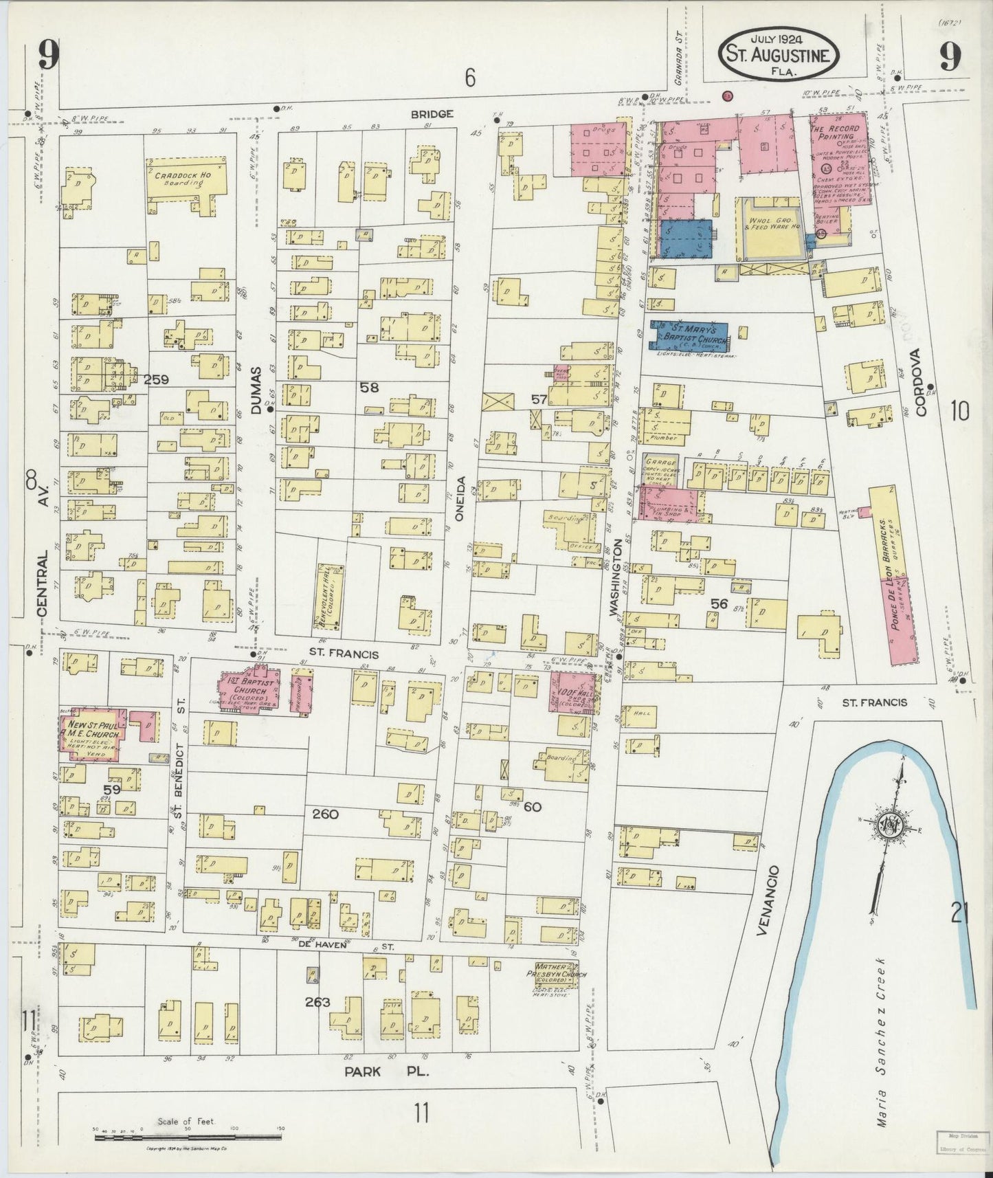 Sanborn Fire Insurance Map from Saint Augustine, Saint John's County, Florida (1924), Sheet #0009 - Complete Map Set gallery image, historic Sanborn map, vintage wall art, Florida Florida