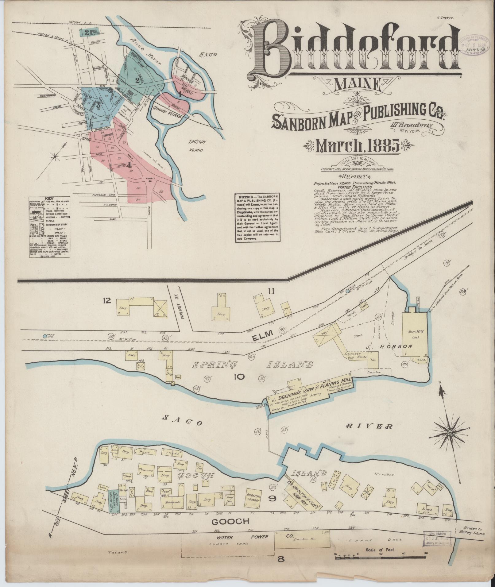 Sanborn Fire Insurance Map from Biddeford, York County, Maine (1885), Sheet #0001 - Historic Sanborn Fire Insurance Map Print, vintage old map wall art, antique decor, genealogy gift, Maine Maine map