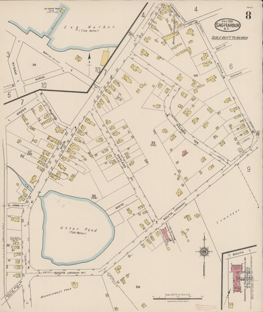 Sanborn Fire Insurance Map from Sag Harbor, Suffolk County, New York (1921), Sheet #0008 - Historic Sanborn Fire Insurance Map Print, vintage old map wall art, antique decor, genealogy gift, New York New York map