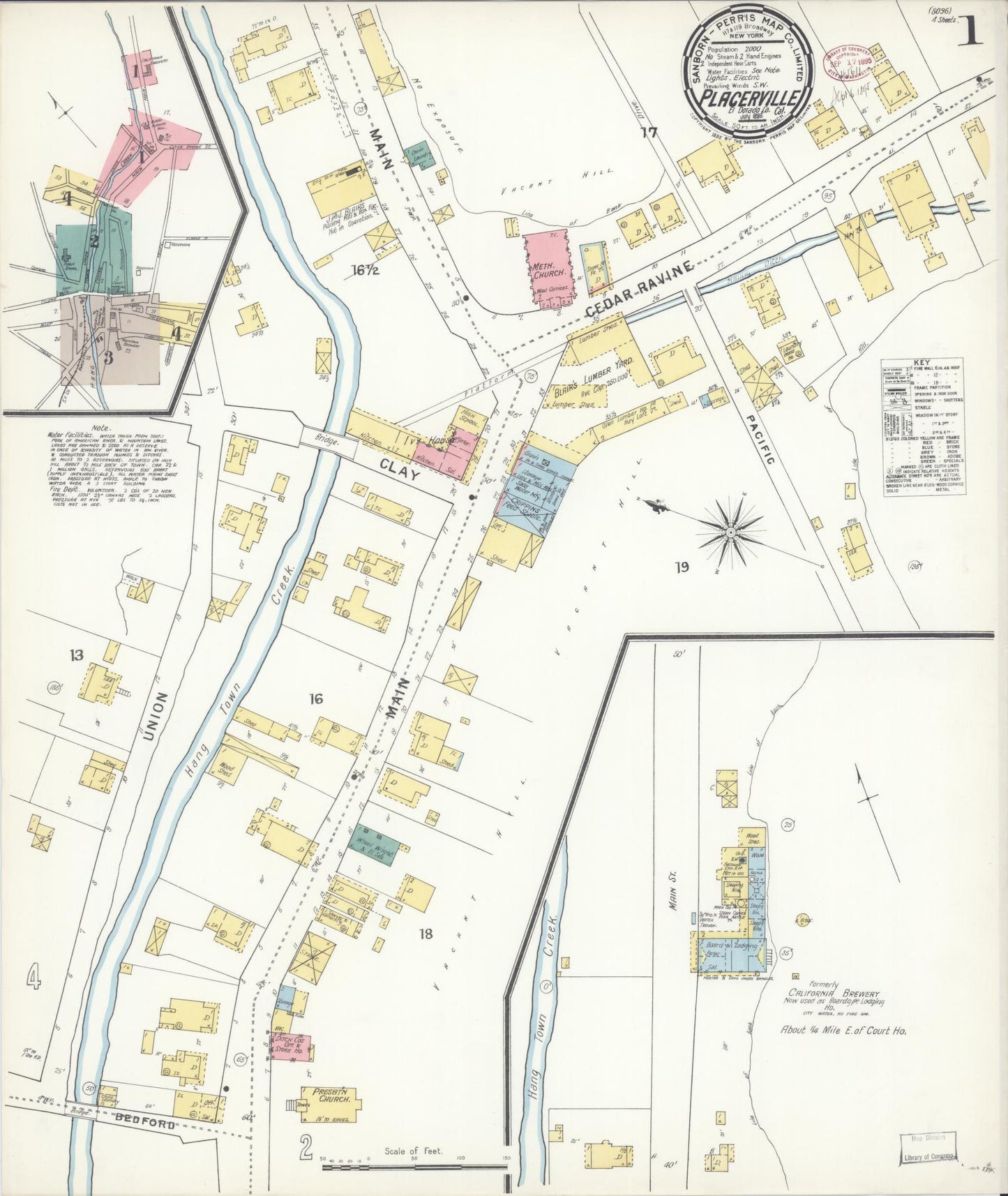 Sanborn Fire Insurance Map from Placerville, El Dorado County, California (1895), Sheet #0001 - Complete Map Set gallery image, historic Sanborn map, vintage wall art, California California