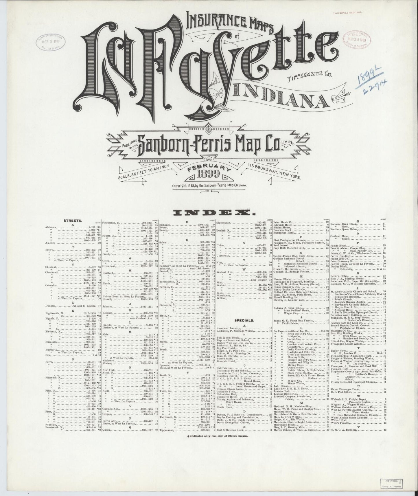 Sanborn Fire Insurance Map from Lafayette, Tippecanoe County, Indiana. (1899) – Historic Sanborn Fire Insurance Map Print