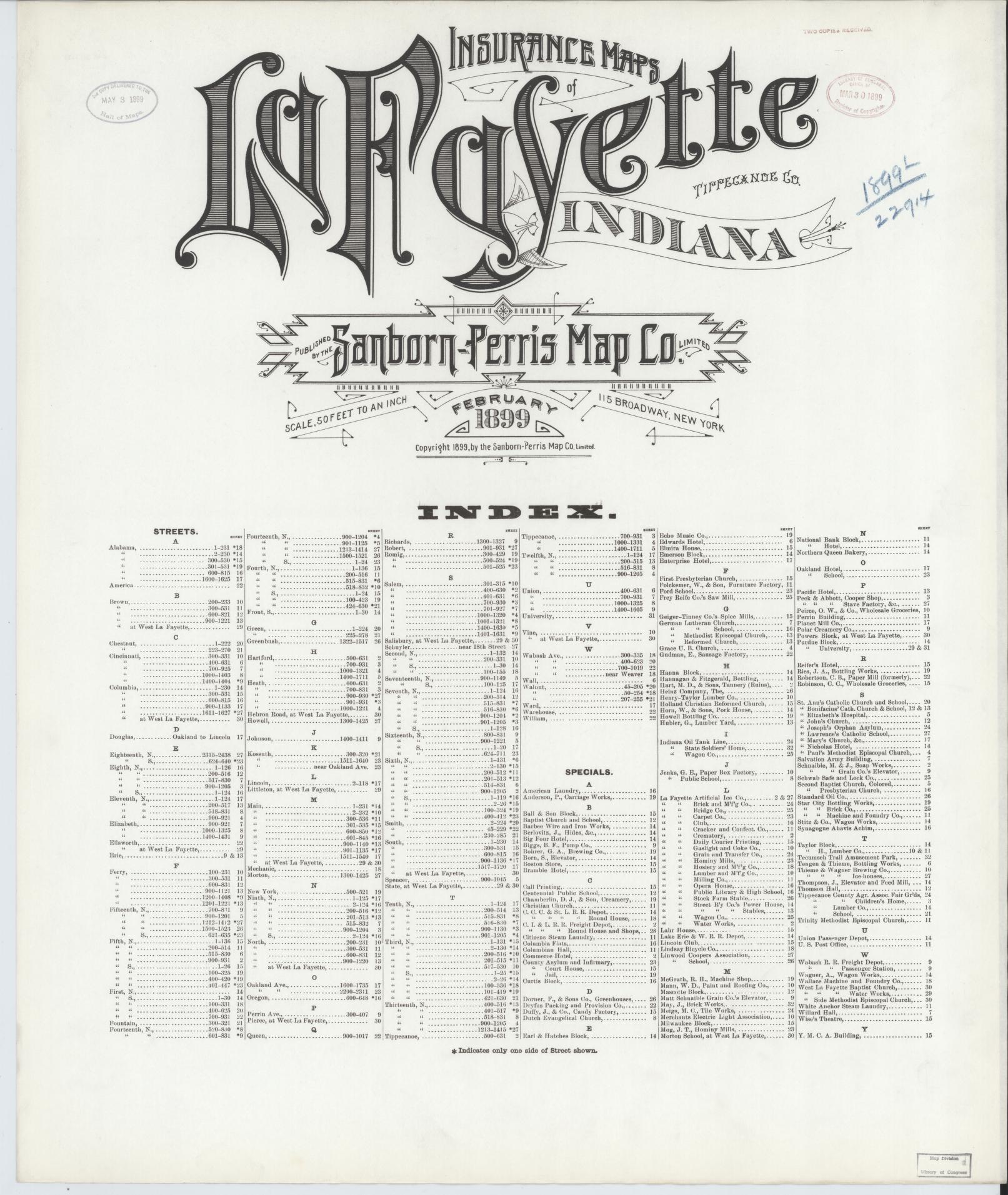 Sanborn Fire Insurance Map from Lafayette, Tippecanoe County, Indiana. (1899) – Historic Sanborn Fire Insurance Map Print