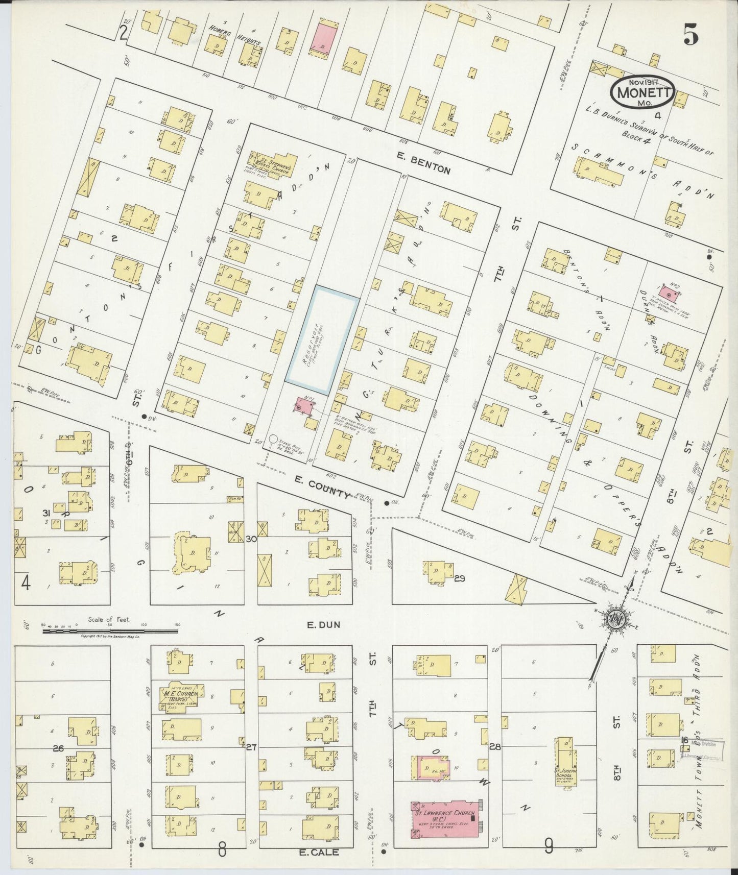 Sanborn Fire Insurance Map from Monett, Barry County, Missouri (1917), Sheet #0005 - Historic Sanborn Fire Insurance Map Print, vintage old map wall art, antique decor, genealogy gift, Missouri Missouri map