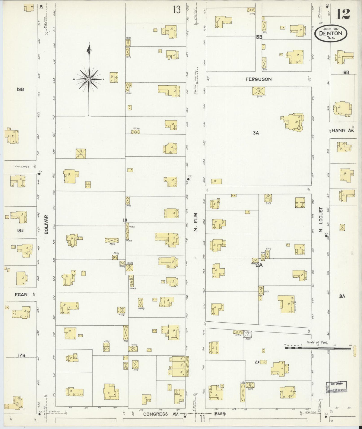 Sanborn Fire Insurance Map from Denton, Denton County, Texas (1907), Sheet #0012 - Complete Map Set gallery image, historic Sanborn map, vintage wall art, Texas Texas